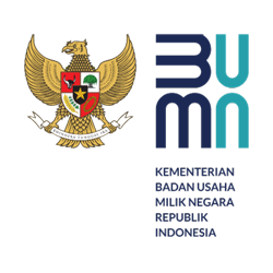 Indonesian Garuda emblem beside a blue BUMN vertical logo with small dark text underneath